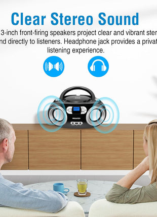 MEGATEK Portable CD Player Boombox with FM Radio, Bluetooth, USB Port, AUX Input, and Headphone Jack – CD-R/CD-RW/MP3-CD Compatible, Clear Stereo Sound, Backlit LCD Display – Black
