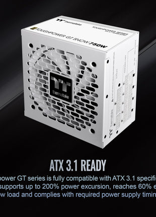 Thermaltake Toughpower GT 750W Snow ATX 3.1 Power Supply; 80 Plus Gold Efficiency; Smart Zero Fan; Native 600W PCIe 5.1 Connector; PS-TPT-0750FNFAGU-W; 5 Year Warranty