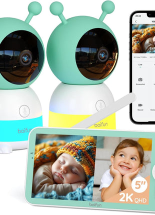 Boifun 2K Wifi Baby Monitor with 2 Cameras, Soothing Night Light, APP & 5inch Split-screen Control, Motion/Cries/Noise/Customizable Alarm Zones Detect, Auto Tracking, PTZ, Humidity&Temperature Monitoring