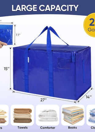 TICONN 6 Pack Extra Large Moving Bags Heavy Duty with Zippers & Carrying Handles, Durable Storage Bags Moving Boxes for Closet Organizers and Storage (6 Pack, Blue)