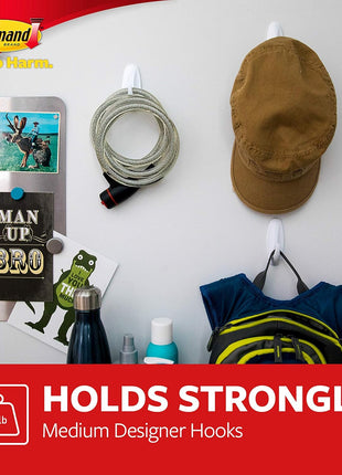Command Medium Designer Hooks, 2 Hooks and 4 Command Strips, Damage Free Hanging Wall Hooks with Adhesive Strips, No Tools Adhesive Hooks for Hanging, Organization and Storage, Holds up to 3 lb