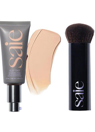 Saie Glow & Blend Duo - Slip Tint Tinted Moisturizer SPF 35 Shade Three (1.35 oz), The Big Liquid Foundation Brush (1 Count), Hydrating Glow & Seamless Blending