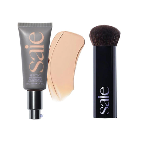 Saie Glow & Blend Duo - Slip Tint Tinted Moisturizer SPF 35 Shade Three (1.35 oz), The Big Liquid Foundation Brush (1 Count), Hydrating Glow & Seamless Blending