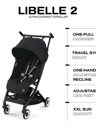 Cybex Libelle 2 Travel Baby Stroller - Lightweight Carry-On Travel Stroller for Airplane with One-Hand Recline, Compatible with CYBEX Car Seats, Magic Black