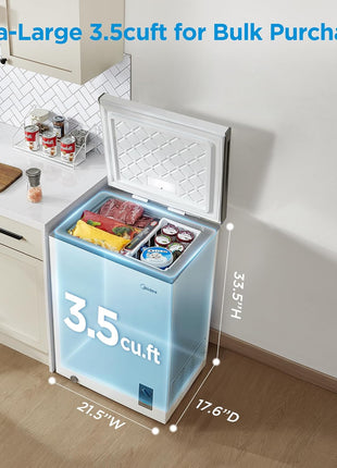Midea MERC04C4BAWW Chest Freezer, 3.5 Cubic Feet Freezer With Removable Basket, Interior LED Light, Adjustable Temperature, For Kitchen Apartment Office, White
