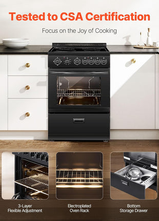 VEVOR 24in Electric Range Oven, 2.7Cu. Ft. Capacity Compact Freestanding Oven, Stainless Steel Kitchen Stove, with 4 Burners, Easy Reach Racks, Storage Drawer, Drip Pan, Indicator Light(No Power Cord)