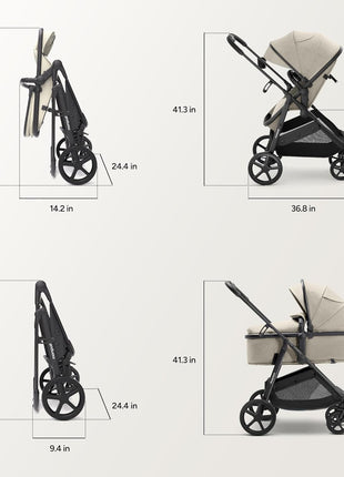 Mompush Wiz 2-in-1 Bassinet Stroller Reversible Seat, One-Hand Fold, Khaki | Newborn to toddler, large wheels with suspension, multi-position recline, UPF 50+ canopy, large basket, cup holder included