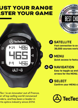 TecTecTec ULT-G Stylish, Lightweight and Multi-Functional Golf GPS Watch, Durable Wrist Band with LCD Display, Worldwide Preloaded Courses - Black