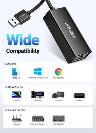 UGREEN USB to Ethernet Adapter, 1000Mbps Plug and Play with USB 3.0 | Driver Free, RJ45 LAN Network Dongle Compatible with Nintendo Switch, Laptop, PC, MacBook, Windows, macOS, Linux