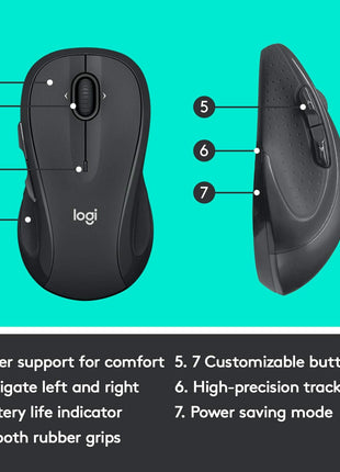 Logitech M510 Full Size Ambidextrous 2.4 GHz Wireless Mouse | 2.4 GHz USB-A Nano Receiver, tilt-to-scroll function, 2-year battery life, Windows Mac Linux compatible, certified for Chrome