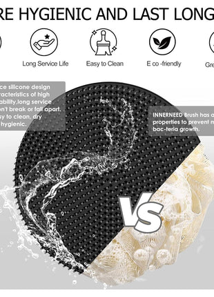 INNERNEED Food-Grade Soft Silicone Body Scrubber Shower Brush, Black | Handheld Cleansing Skin Brush, Gentle Exfoliating and Lather Well, Hygienic Bath Scrub for Women, Men