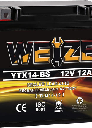 Weize YTX14 BS ATV Battery High Performance - Maintenance Free - Sealed AGM YTX14-BS Motorcycle Battery compatible with Honda Suzuki Kawasaki Yamaha scooter snowmobile