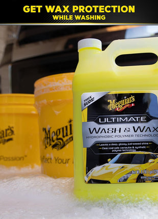 Meguiar's Ultimate Wash and Wax, Car Wash Soap and Wax Cleans & Shines in One Step, Shine & Protect with an Enhanced pH Balanced Car Paint Cleaner, 1 Gallon