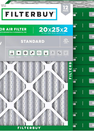 Filterbuy 20x25x2 Air Filter MERV 8 (MPR 700) Dust Defense Replacement (12-Pack), Electrostatic Pleated HVAC AC Furnace Filters, Made in USA (Actual Size: 19.50 x 24.50 x 1.75)
