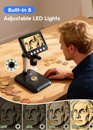 WKR Coin Microscope, 4.3 inch LCD USB Digital 1000X Coin Magnifier with 8 Adjustable LED Lights, 1080P PC View Compatible with Windows/MacBook for Adults Kids