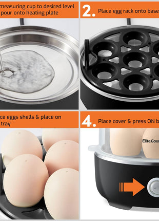 Elite Gourmet EGC115B Easy Egg Cooker, 7-Egg, BPA-Free, Classic Black | Cooks soft, medium, or hard-boiled eggs with auto shut-off - electric operation - includes measuring cup