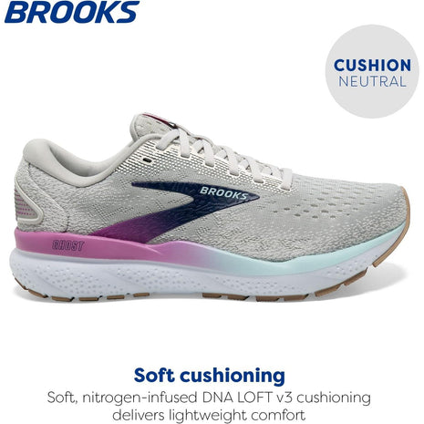 Brooks Women’s Ghost 16 Neutral Running Shoe - White/Grey/Estate Blue - 9 Medium