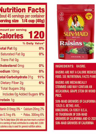 Sun-Maid California Sun-Dried Raisins - (2 Pack) 32 oz Resealable Bag - Dried Fruit Snack for Lunches, Snacks, and Natural Sweeteners