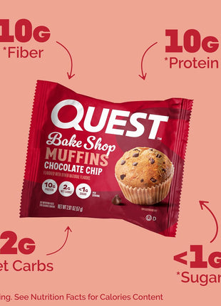Quest Nutrition Chocolate Chip Muffin, 10g Protein, 2g Net Carb, 8 Count | Less Than 1g Sugar, 10g Fiber, Protein Snack, High Quality Protein, 8ct Box of Individually Wrapped 2.01oz Muffins