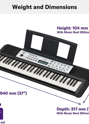 Yamaha 61-Key Portable Keyboard for Beginners with Built-In Songs, Quiz Mode, Music Rest, with Power Adapter YPT280