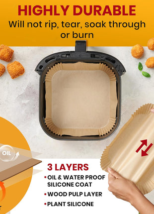 Air Fryer Paper Liners, 125Pcs Air Fryer Disposable Liners | Non-Stick and Oil Proof for Easy Cleanup, 8" Square for 5-8 qt Basket by Baker's Signature