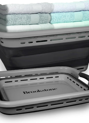 BROOKSTONE 11 GALLON XL 24" Collapsible Laundry Basket & Clothes Hamper, Comfort Non-Slip Handles, Modern Laundry Hamper with Space Saving Design, Portable Pop-Up Hamper, BPA FREE, Grey, 1 Pack