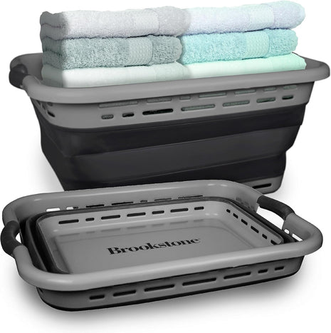 BROOKSTONE 11 GALLON XL 24" Collapsible Laundry Basket & Clothes Hamper, Comfort Non-Slip Handles, Modern Laundry Hamper with Space Saving Design, Portable Pop-Up Hamper, BPA FREE, Grey, 1 Pack