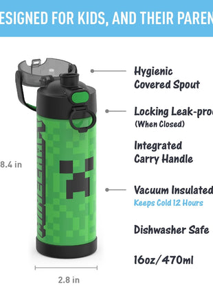 THERMOS FUNTAINER Water Bottle with Spout, 16oz, Minecraft | Kids Stainless Steel Insulated Water Bottle, Keeps Drinks Cold Longer for School & Play, BPA-Free