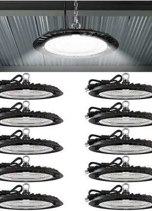 Sunco 10 Pack UFO LED High Bay Light, 150W, 19500 Lumens, 5000k Ultra Bright Commercial Shop Lights for Warehouse, Factory, Workshop, Garage & Barn, Ceiling Mount, Plug & Play, 120V, UL