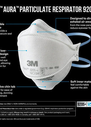 3M Aura Particulate N95 Respirator 9205+, Flat Fold Lightweight Design, Non-Valved, 20 Count (Pack of 1)