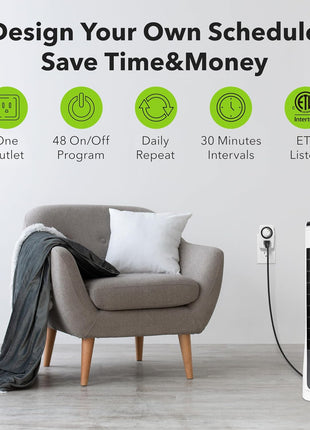 BN-LINK U47 Indoor Mini 24-Hour Mechanical Outlet Timer, 3-Prong, 2-Pack | 30-min intervals; daily repeat; easy dial setup; Indoor Timer for Christmas lights,Lamp,Fan,Fish Tank, ETL, 15A/1875W, 2 Pack