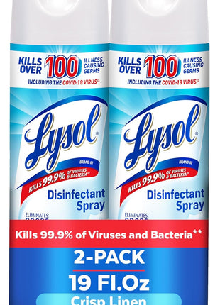 Lysol Disinfectant Spray, Household Essential Cleaning Supplies, Multi Purpose Room Spray, Antibacterial Sanitizer Spray, Upholstery Deodorizer, Home and Bathroom, Crisp Linen,19 Fl Oz (Pack of 2)