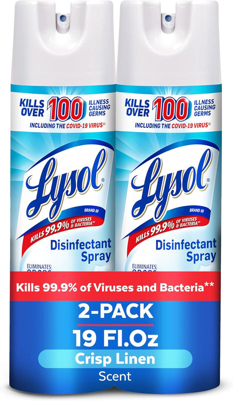 Lysol Disinfectant Spray, Household Essential Cleaning Supplies, Multi Purpose Room Spray, Antibacterial Sanitizer Spray, Upholstery Deodorizer, Home and Bathroom, Crisp Linen,19 Fl Oz (Pack of 2)