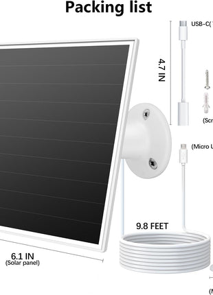 6W Solar Panel for Outdoor Security Camera with Micro USB & USB - C Port, Solar Panel Charger for Battery Camera, Fits Wyze/Reolink DC 5V Output, IP65/360° Adjustable, 9.8ft Cable, Fast Charging