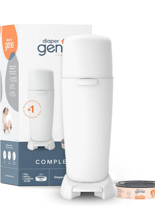 Diaper Genie Complete Diaper Pail (White) – Includes 1 Refill (Holds 270 Newborn Diapers) & 1 Carbon Filter