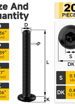 Mywish M6 x 50mm 20Pcs Flat Head Hex Socket Cap Screws Bolts, 304 Stainless Steel Furniture Bolts Full Thread, Black Oxide & Hex Spanner