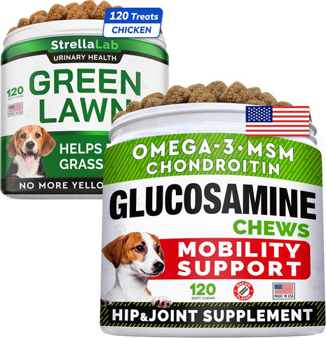 Glucosamine Treats + Grass Burn Spot Chews for Dogs Bundle - Joint Supplement w/Omega-3 Fish Oil + Dog Urine Neutralizer for Lawn - Chondroitin, MSM + DL-Methionine+Enzymes - 240 Chews - Made in USA