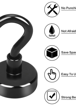 E BAVITE Black Magnetic Hooks, 30LB Strong Neodymium Magnet Hook for Cruise, Grill, Towel, Indoor Hanging, Kitchen, Workplace, Office and Garage - 6 Pack