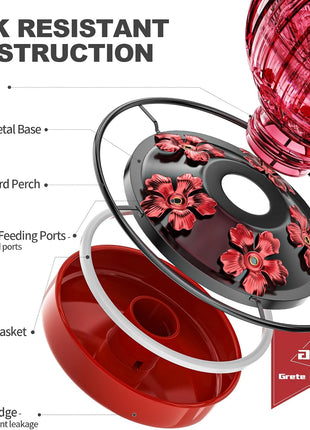 Glass Hummingbird Feeder for Outdoors Hanging, 26Oz Bird Nectar Feeder with Perch & 5 Flower Feeding Ports, Leak Proof for Outside Garden Decor Backyard, Gifts for Women Mom, Red