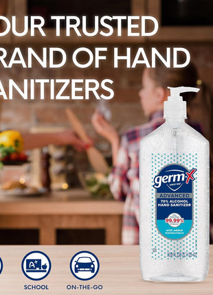 Germ-X Advanced Hand Sanitizer, 34 Fl Oz (1 Liter), Less Drying Moisturizing Clear Gel, No Rinse Formula, Large Family Size Pump Bottle