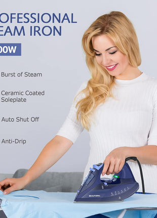 BEAUTURAL Steam Iron for Clothes with Precision Thermostat Dial, Ceramic Coated Soleplate, 3 Way Auto Off, Self Cleaning, Anti Calcium, Anti Drip Blue