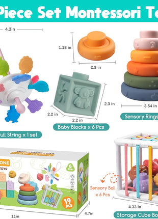 4-in-1 Montessori Baby Toy Set with Pull-String Teether Stacking Blocks | Stacking Rings, Baby Blocks, Sensory Cube, Bath Play, Color and Shape Matching, Fine Motor Practice, Montessori Baby Gifts