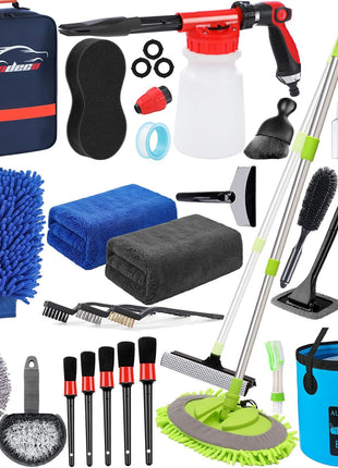 AUTODECO 42Pcs Car Wash Detailing Kit Cleaning Set with Foam Gun Sprayer, Long-Handle Brush, Collapsible Bucket, Large Wash Mitt, Towels, Complete Interior & Exterior Car Washing Supply Set (Blue)