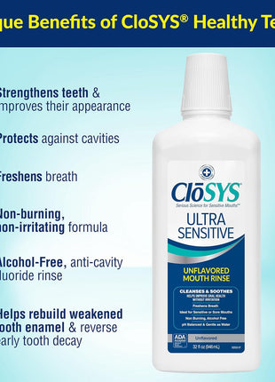 CloSYS Ultra Sensitive Mouthwash, 32 Oz, Alcohol Free Mouthwash, Unflavored Mouth Wash, Dye Free, pH Balanced, Helps Soothe Entire Mouth | Unflavored Mouth Wash, Dye Free, pH Balanced, Helps Soothe Entire Mouth