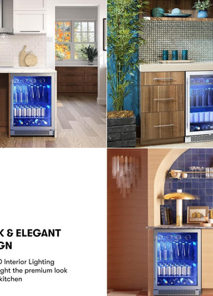 Zephyr Brisas 24 Inch Wine Fridge Single Zone Under Counter - Beverage and Wine Cooler Drink Refrigerator for Home with Glass Door 8 Bottles 112 cans