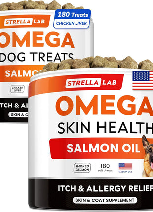 StrellaLab Omega 3 for Dogs - 360Ct Fish Oil Treats - Allergy& Itch Relief Skin&Coat Supplement - EPA&DHA - Dry Itchy Skin, Hot Spots Treatment, Anti Itch - Shedding, Itchy Skin Relief - Made in USA