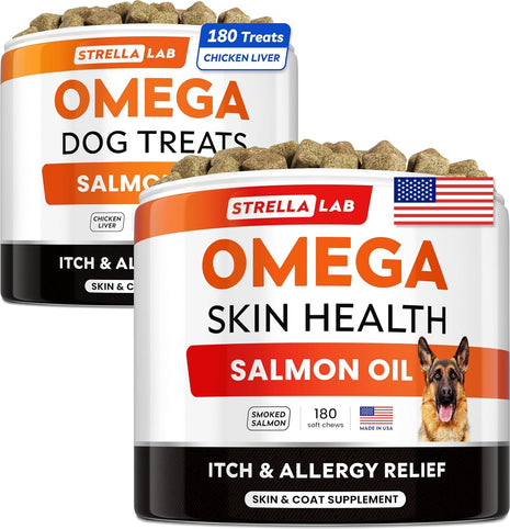 StrellaLab Omega 3 for Dogs - 360Ct Fish Oil Treats - Allergy& Itch Relief Skin&Coat Supplement - EPA&DHA - Dry Itchy Skin, Hot Spots Treatment, Anti Itch - Shedding, Itchy Skin Relief - Made in USA