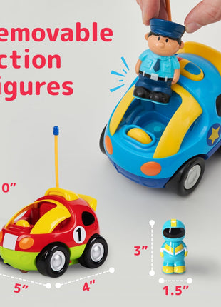 PREXTEX 2 Pack Cartoon Remote Control Cars for Toddlers - Police Car and Race Car with Steering Wheel Controllers and Lights - Different Frequencies Racing Together - Easter Toddler Gift 18+ Months.