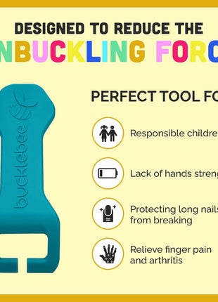 Bucklebee Easy Car Seat Buckle Release Aid for Children Unbuckle Car Seat Release Tool - Button Pusher - Opener for Nails - Buckle Release (1 Pack Teal)
