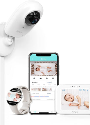 Simyke Video Baby Monitor with App and Screen 1080P Camera, Cry Detection, Lullabies, Two Way Talk, Night Vision, Face Detection, Wall Mount, Connect Smart Watch, Temperature Monitoring, Gift for Baby